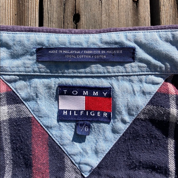 Soft Worn In Hilfiger Blue Plaid Flannel Shirt Grunge Unisex Work Shirt L - Picture 4 of 15